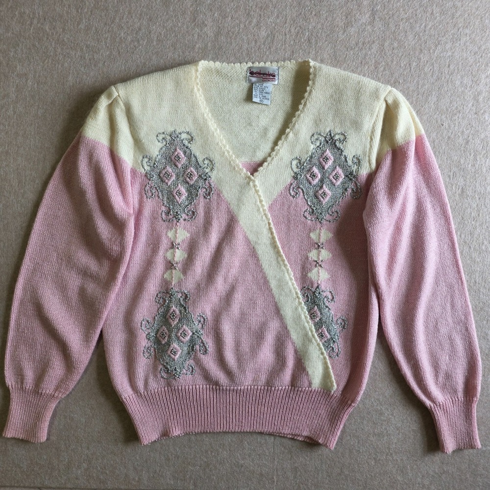 Vintage 80s Bel Air Pink Bedazzled Sweater Sz M‎ Soft Glam Coquette Oversized